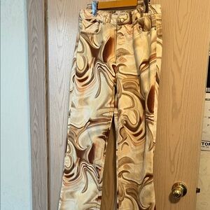 Zara Swirl Print Wide-Leg Jeans in Cream and Brown